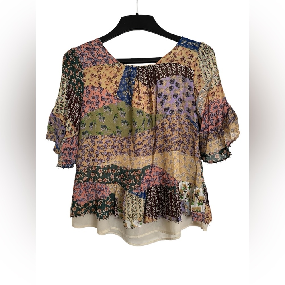 Anthropologie Floreat Floral Beaded Patchwork Peasant Blouse Size XS - Picture 6 of 8